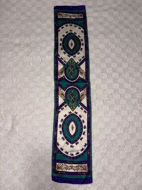 Vintage Long Satin Scarf in Teal, Purple & Ivory • 52” x 10.5”